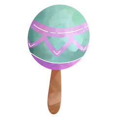 Watercolor baby rattle in pastel tones. Cute handpainted toy illustration isolated on white background.