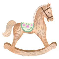 Watercolor illustration of a classic wooden horse. Ideal for kids’ projects, posters, or digital illustrations.