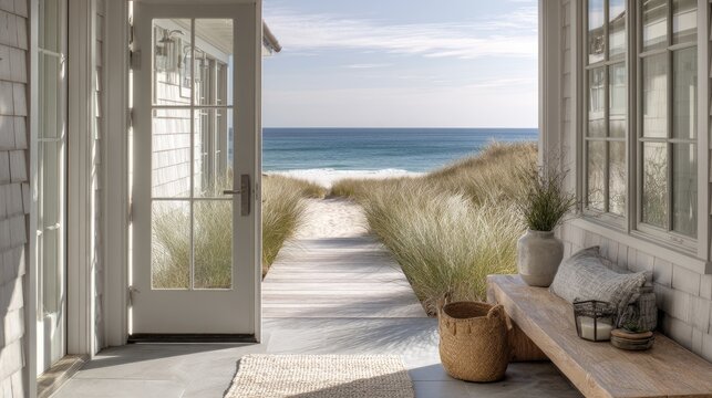 minimalist Hamptons beach home entrance with modern glass French doors, neutral tones, and elegant seaside ambience