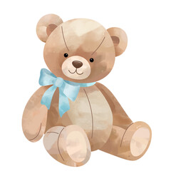 Cute teddy bear with a bow in watercolor style. Perfect element for children’s prints and designs.