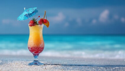 Colorful tropical cocktail with umbrella and fruit garnishes on sandy beach