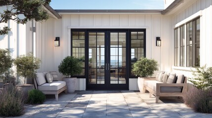 Naklejka premium modern coastal farmhouse entrance with white exterior, French double doors, and soft morning sunlight illuminating the patio