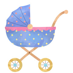 Watercolor illustration of a cute doll stroller. Ideal for kids’ projects, posters, or playful digital illustrations.