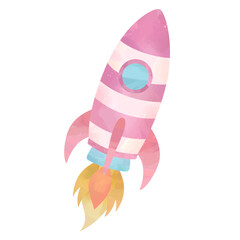 Colorful rocket illustration in watercolor style. Perfect vector element for children’s designs and projects.