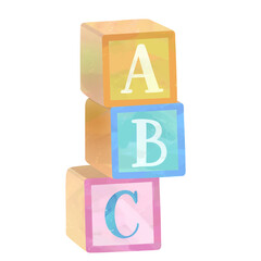 Colorful toy blocks with letters A, B, C in watercolor style. Perfect element for children’s designs.