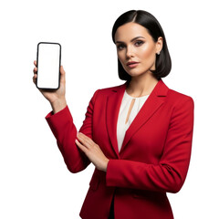 Naklejka premium Professional Woman Presenting Blank Smartphone Screen in Red Blazer