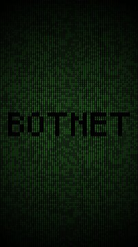 Binary botnet animation with cyber attack and data network flow.