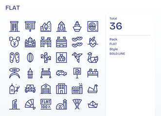 Flat Essential Vector Set including 36 Pixel Optimized Bold Line 128x128 Icons