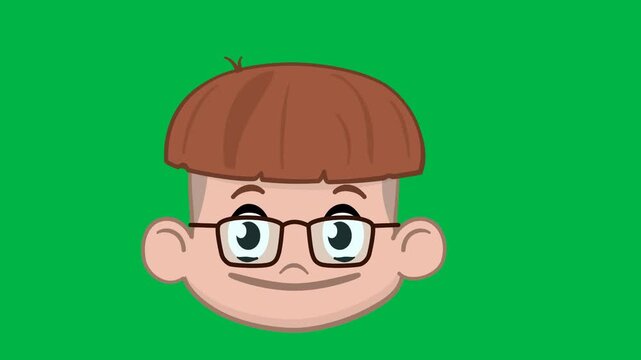 A young boy with glasses looks curiously on green screen chromakey background in 2d animated cartoon animation, great for smart kid, education, or inquisitive character intros.