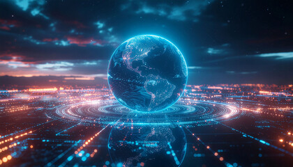 Stunning digital globe pulsates with glowing data streams, symbolizing global connectivity and future technology trends in a vibrant, futuristic cityscape.