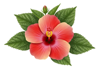 Coral pink hibiscus bloom with green leaves flower
