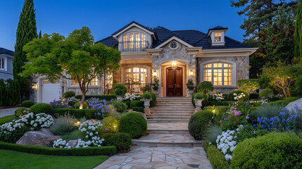 Obraz premium Sophisticated twilight scene of a luxury residence, rich stonework and warm interior lights blending beautifully with the blue hour sky, manicured gardens outlining the homeâs silh