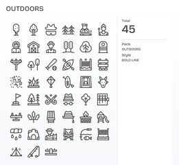 Outdoors Vector Icon Set with 45 Bold Line 64x64 Pixel Aligned Graphics