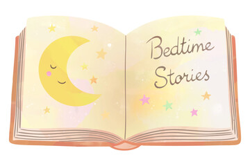 Watercolor open night storybook with fairy tales. Cute nursery illustration