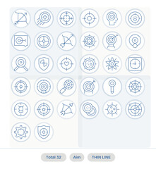 32 High Resolution Thin Line Vector Icons optimized for Aim Detail Enhanced display