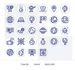 28 Bold Line Vector Icons for World in crisp 128x128 Editable resolution