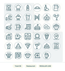 35 Retina Ready Vector Icons for Restaurant in Grid Fitted Regular Line Format