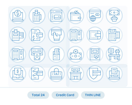 Credit Card Visual Pack containing 24 Thin Line Display Perfect Vector Icons