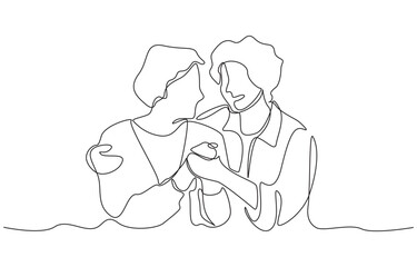 Continuous one line drawing of two elderly ladies sharing warm moment, symbolizing friendship, empathy, and emotional connection, single line art.