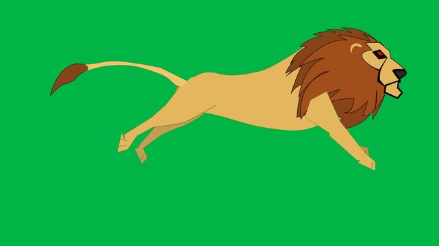 A fierce lion roars powerfully while running on green screen chromakey background in 2d animated cartoon animation, great for wildlife king, strength, or safari predator scenes.