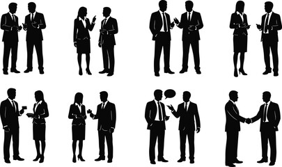 Business people icon set, black silhouette style, professional communication symbols, office interaction graphics, corporate teamwork illustration, formal attire vector design