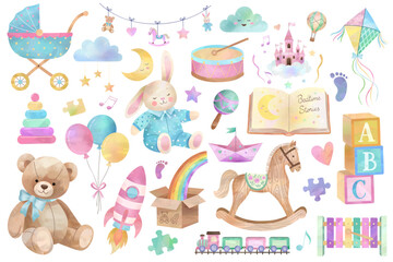 Watercolor baby toys set. Hand drawn teddy bear, rainbow, bunny, book, rocket. Cute pastel nursery illustration