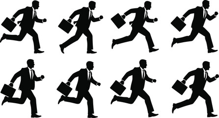 Businessman running icon set, black silhouette vector, urgency and motion graphics, briefcase action poses, corporate rush illustration, professional movement design pack