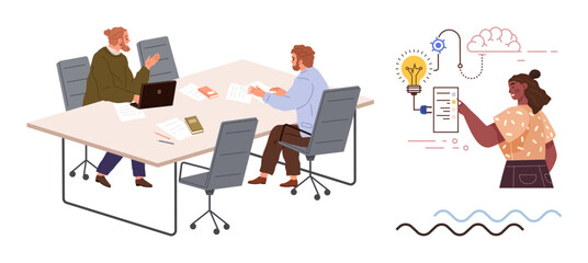 Professionals discussing ideas at a meeting table, while a creative process sparks innovation with a connected system. Ideal for teamwork, innovation, productivity, brainstorming, remote work