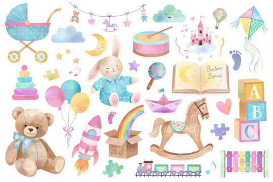 Watercolor baby toys set. Hand drawn teddy bear, rainbow, bunny, book, rocket. Cute pastel nursery illustration