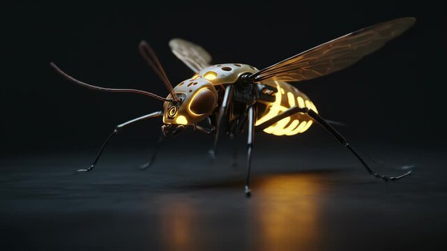 Close-up of a mechanical bee with glowing yellow lights.