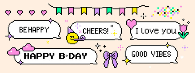 Pixel birthday speech bubbles, text Be Happy, Cheers, I Love You, Happy B-Day. Partying emoticon face, party horn. Retro 8 bit gaming style celebration chat boxes, party garland, sparkles, confetti