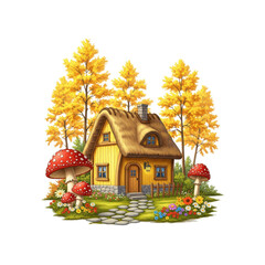 Fairy tale cottage illustration with thatched roof, stone path, autumn yellow trees, fly agaric mushrooms, and flowers.