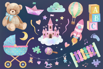Watercolor baby toys set. Hand drawn bear, fantasy castle, stroller, rocket. Cute nursery illustrations on dark background.