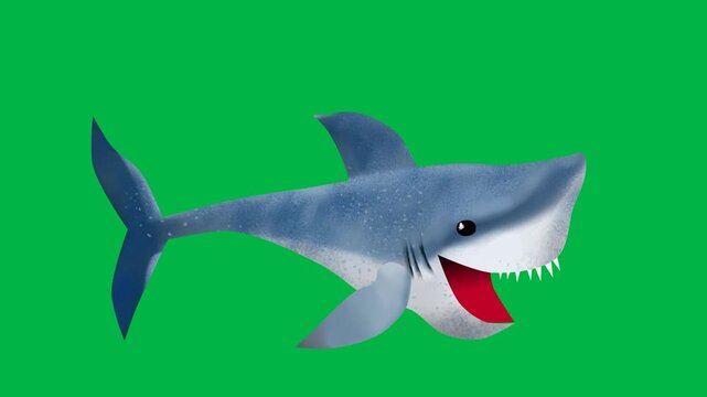 A fierce shark swims aggressively on green screen chromakey background in 2d animated cartoon animation, great for ocean predator, danger, or underwater thriller effects.