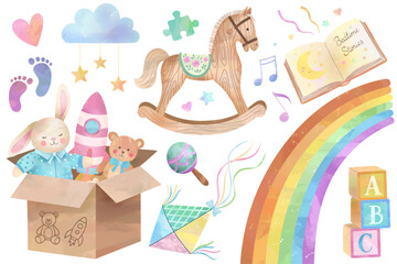 Cute pastel nursery illustrations. Watercolor baby toys set. Hand drawn wooden horse, rainbow, toy box.