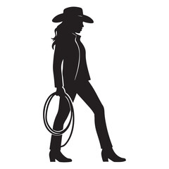 Cowgirl holding lasso rope, rodeo cowhand in boots and hat, western ranch lifestyle silhouette vector
