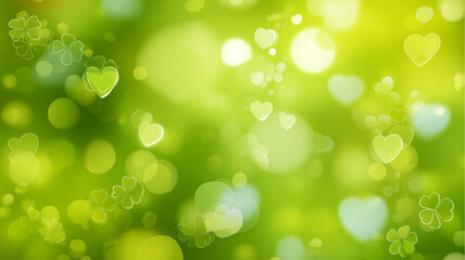 Fototapeta premium Bright Green Bokeh Background with Hearts and Clover Leaves