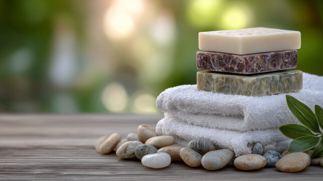 Clean spa aesthetic featuring natural handmade soaps stacked beside smooth pebbles, soft white towels, and diffused daylight, open neutral area for copy space