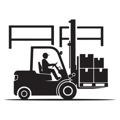 Forklift truck moving palletized boxes in warehouse aisle, industrial logistics and cargo handling icon, solid silhouette vector