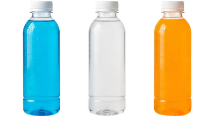Three plastic bottles with colorful drinks, blue, clear, and orange, isolated on transparent background