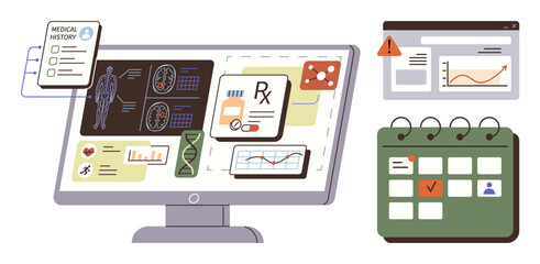 Computer screen with medical data, patient history, prescriptions, charts, DNA graphics, risk alerts, and calendar. Ideal for telemedicine, digital health diagnostics scheduling data management