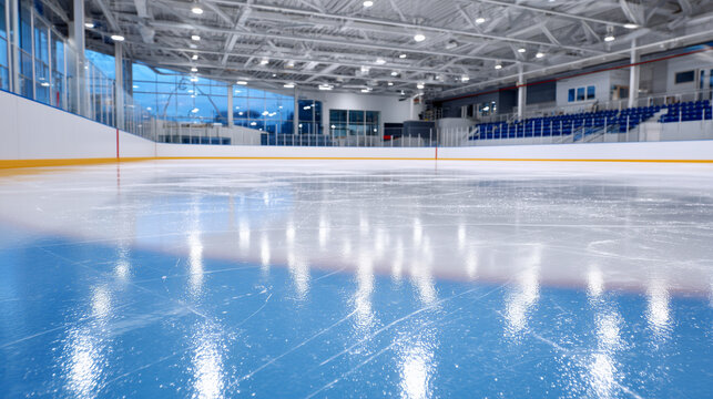 Empty indoor hockey rink with glossy ice reflecting overhead lights, thin layer of water creating shimmering reflections, pristine boards and glass surrounding the arena