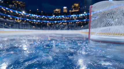 Empty ice hockey arena at night, ice slightly flooded creating mirror effects, soft light bouncing off wet surface, pristine boards and goal nets standing in quiet emptiness
