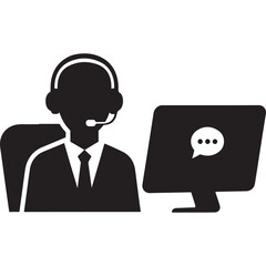 Customer support agent with headset chatting on computer, online help desk service and live chat assistance, call center silhouette vector