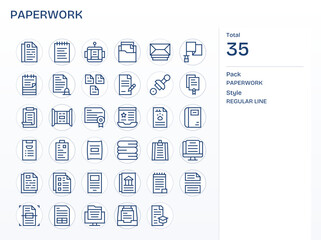 Paperwork Vector Icon Set with 35 Regular Line 128x128 Pixel Aligned Graphics