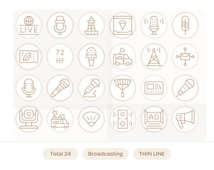 24 Editable 64x64 Vector Icons for Broadcasting in elegant Thin Line design