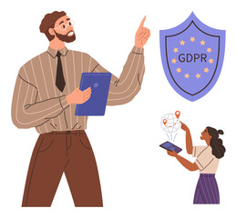Man analyzing GDPR regulation, shield with stars, woman using tablet with global map. Ideal for data privacy, technology, compliance, security, law, teamwork simple flat metaphor
