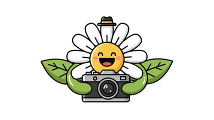 A cartoon daisy with a hat and camera surrounded by leaves