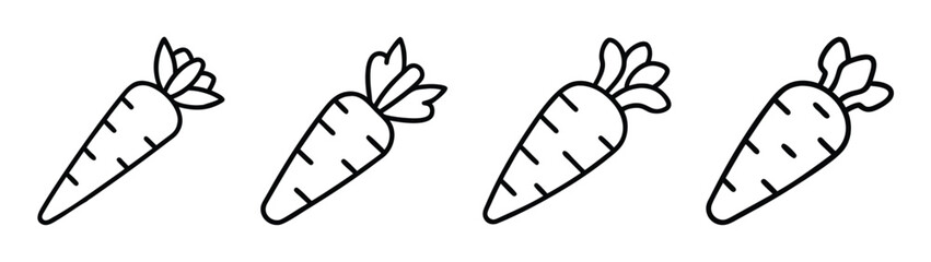 Four carrot vegetable outline vector illustration for coloring book page and design element