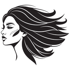 Elegant female face with long windswept hair, beauty salon and cosmetics concept, minimalist vector portrait